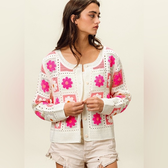 Pink fuchsia Crochet Knit lace button boho embroidered cardigan bohemian sweater - Picture 12 of 17